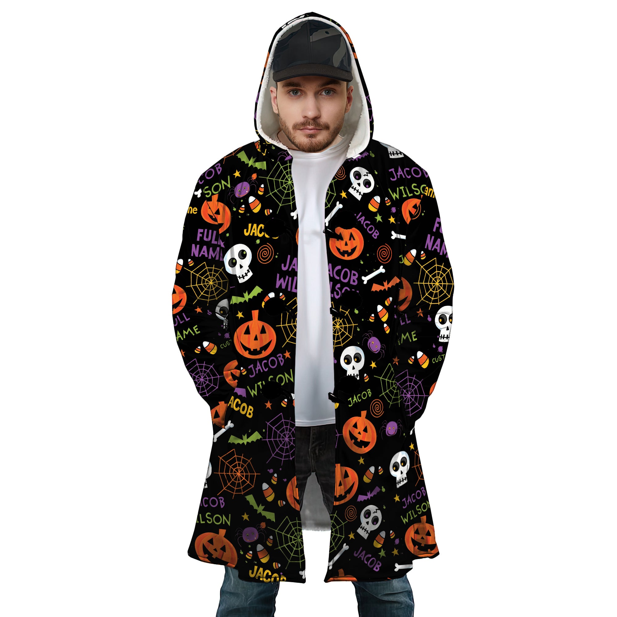 Personalized Hooded Cloak Coat, Halloween Pumpkin Bat Pattern Hooded Cloak Coats