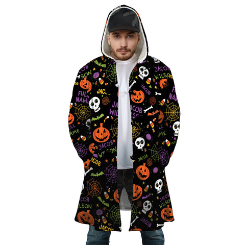 Image of Personalized Hooded Cloak Coat, Halloween Pumpkin Bat Pattern Hooded Cloak Coats