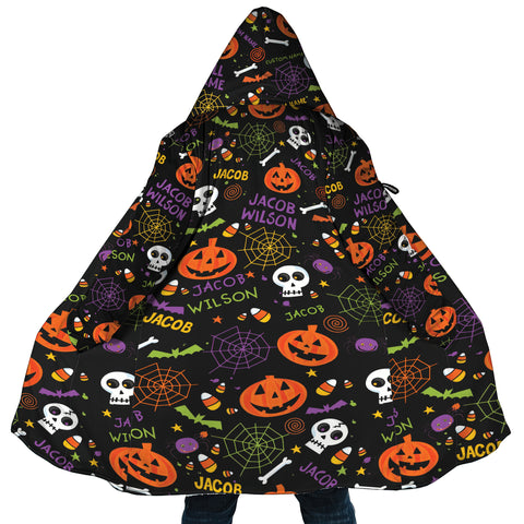 Image of Personalized Hooded Cloak Coat, Halloween Pumpkin Bat Pattern Hooded Cloak Coats