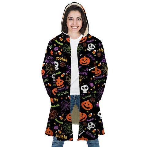 Image of Personalized Hooded Cloak Coat, Halloween Pumpkin Bat Pattern Hooded Cloak Coats