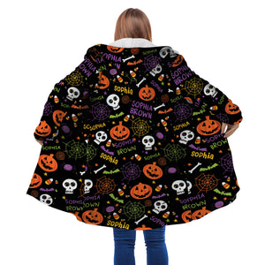 Personalized Hooded Cloak Coat, Halloween Pumpkin Bat Pattern Hooded Cloak Coats