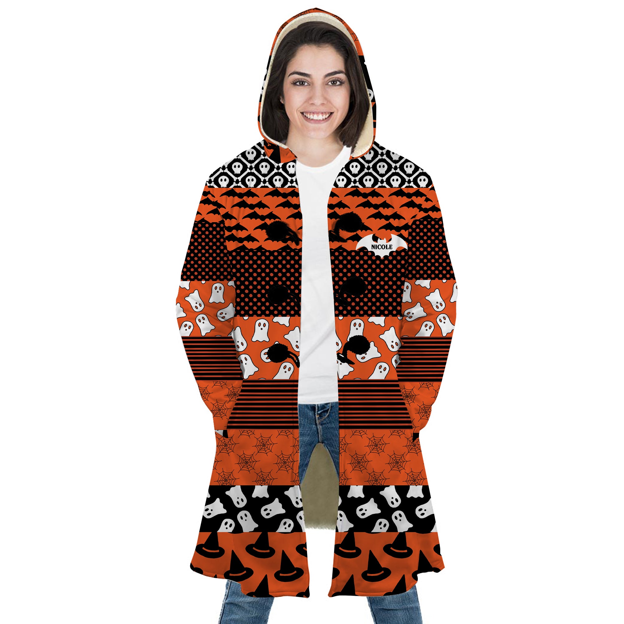 Personalized Hooded Cloak Coat, Custom Name Halloween Bat Trick Or Treat Pattern Hooded Cloak Coats