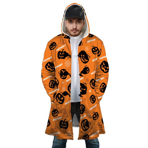 Image of Personalized Hooded Cloak Coat, Halloween Pumpkin Pattern Custom Name Hooded Cloak Coats