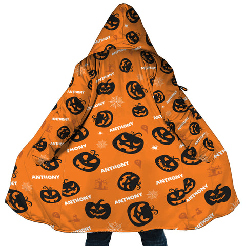 Image of Personalized Hooded Cloak Coat, Halloween Pumpkin Pattern Custom Name Hooded Cloak Coats