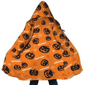 Personalized Hooded Cloak Coat, Halloween Pumpkin Pattern Custom Name Hooded Cloak Coats