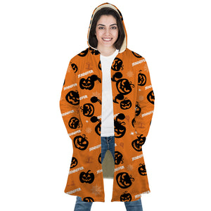 Personalized Hooded Cloak Coat, Halloween Pumpkin Pattern Custom Name Hooded Cloak Coats