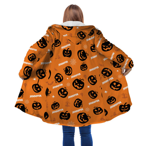 Image of Personalized Hooded Cloak Coat, Halloween Pumpkin Pattern Custom Name Hooded Cloak Coats