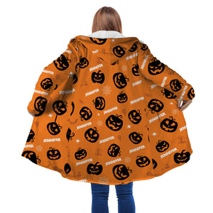 Personalized Hooded Cloak Coat, Halloween Pumpkin Pattern Custom Name Hooded Cloak Coats