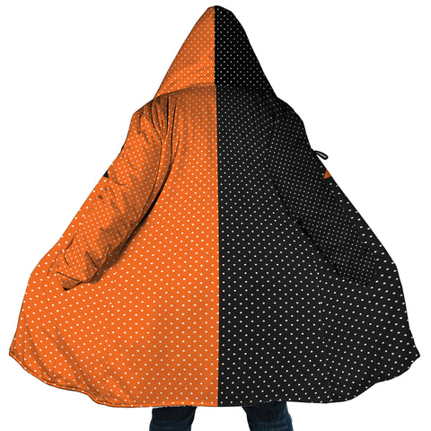 Image of Personalized Hooded Cloak Coat, Halloween Black and Orange Polka Dots Hooded Cloak Coats