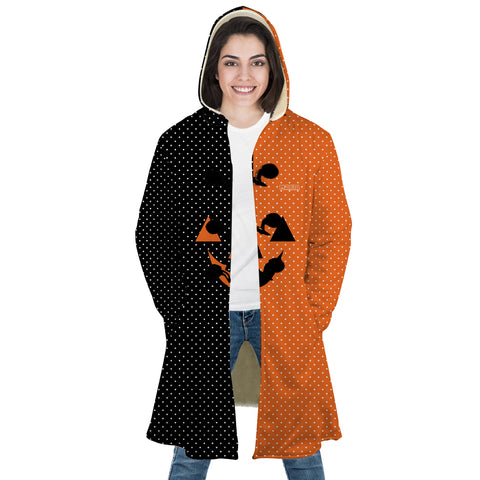 Image of Personalized Hooded Cloak Coat, Halloween Black and Orange Polka Dots Hooded Cloak Coats