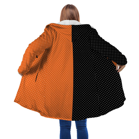 Image of Personalized Hooded Cloak Coat, Halloween Black and Orange Polka Dots Hooded Cloak Coats