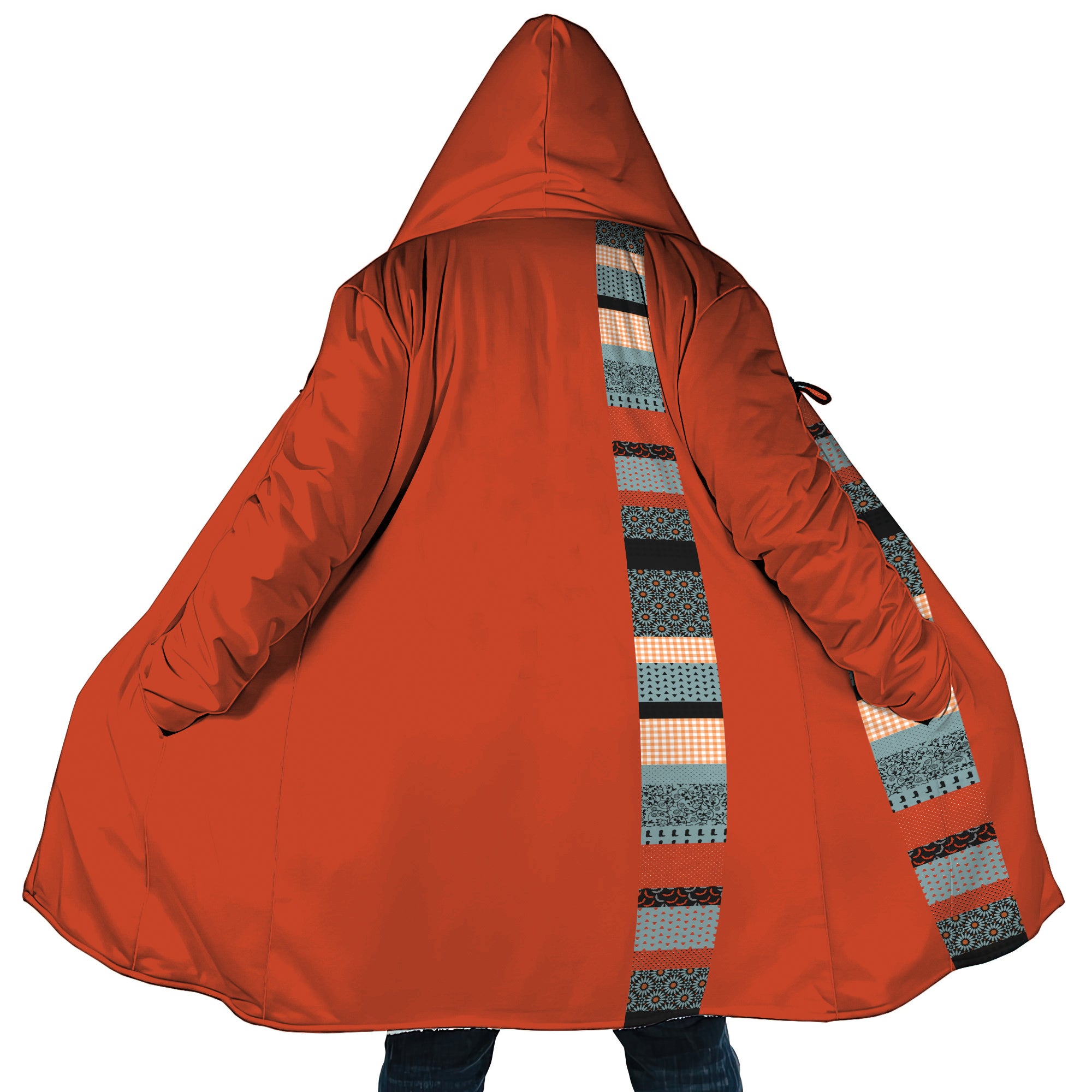 Personalized Hooded Cloak Coat, Orange Halloween Pattern Patchwork Hooded Cloak Coats
