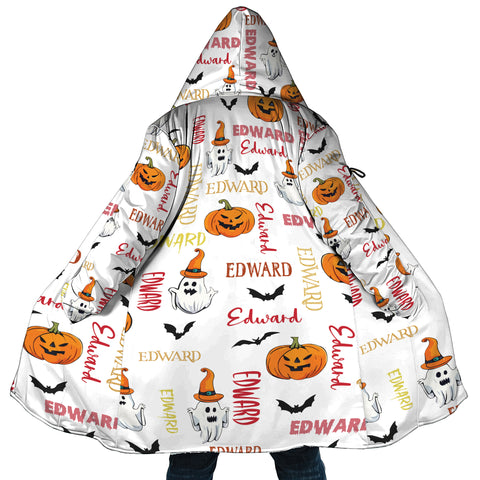 Image of Personalized Hooded Cloak Coat, Halloween Pumpkin Ghost Custom Name Hooded Cloak Coats