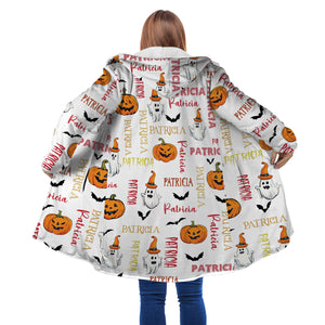 Personalized Hooded Cloak Coat, Halloween Pumpkin Ghost Custom Name Hooded Cloak Coats