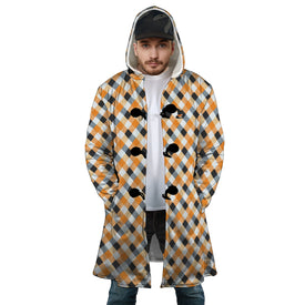 Personalized Hooded Cloak Coat, Orange and Black Halloween Plaid Witch Hat Hooded Cloak Coats