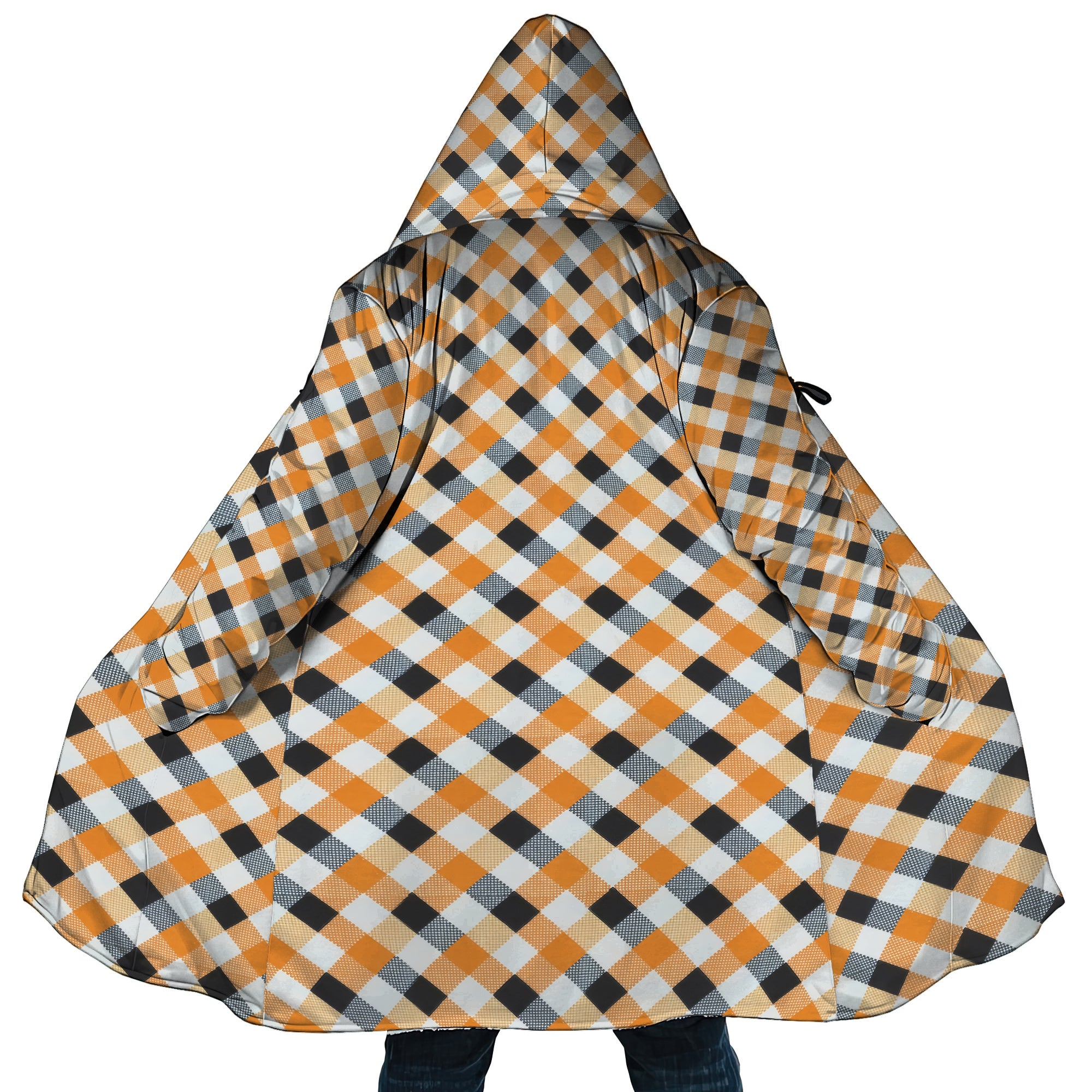Personalized Hooded Cloak Coat, Orange and Black Halloween Plaid Witch Hat Hooded Cloak Coats