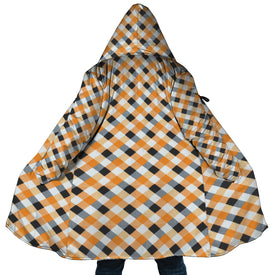 Personalized Hooded Cloak Coat, Orange and Black Halloween Plaid Witch Hat Hooded Cloak Coats