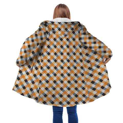 Image of Personalized Hooded Cloak Coat, Orange and Black Halloween Plaid Witch Hat Hooded Cloak Coats