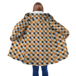 Personalized Hooded Cloak Coat, Orange and Black Halloween Plaid Witch Hat Hooded Cloak Coats