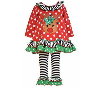 Bonnie Jean Little Girls Christmas Red Polka Dot Reindeer Applique Leggings 2Pc Outfit