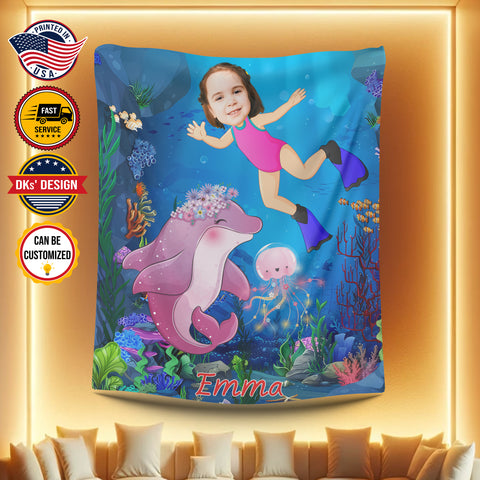 Image of USA Printed Custom Blanket, Dolphin Baby Girl Blanket, Personalized Blanket, Dolphin Baby Blanket, Custom Name And Photo Blanket, Girl Blanket, Dolphin Baby Shower Gift, Dolphin Sherpa Blanket, Fleece Blanket