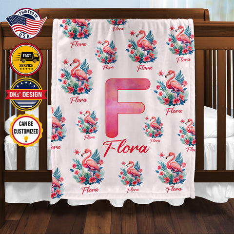 Image of Personalized Flamingo Baby Blanket, Custom Name Blanket,  Floral Flamingo Baby Blanket, Flamingo Girl Blanket, Girl Blanket, Baby Shower Gift