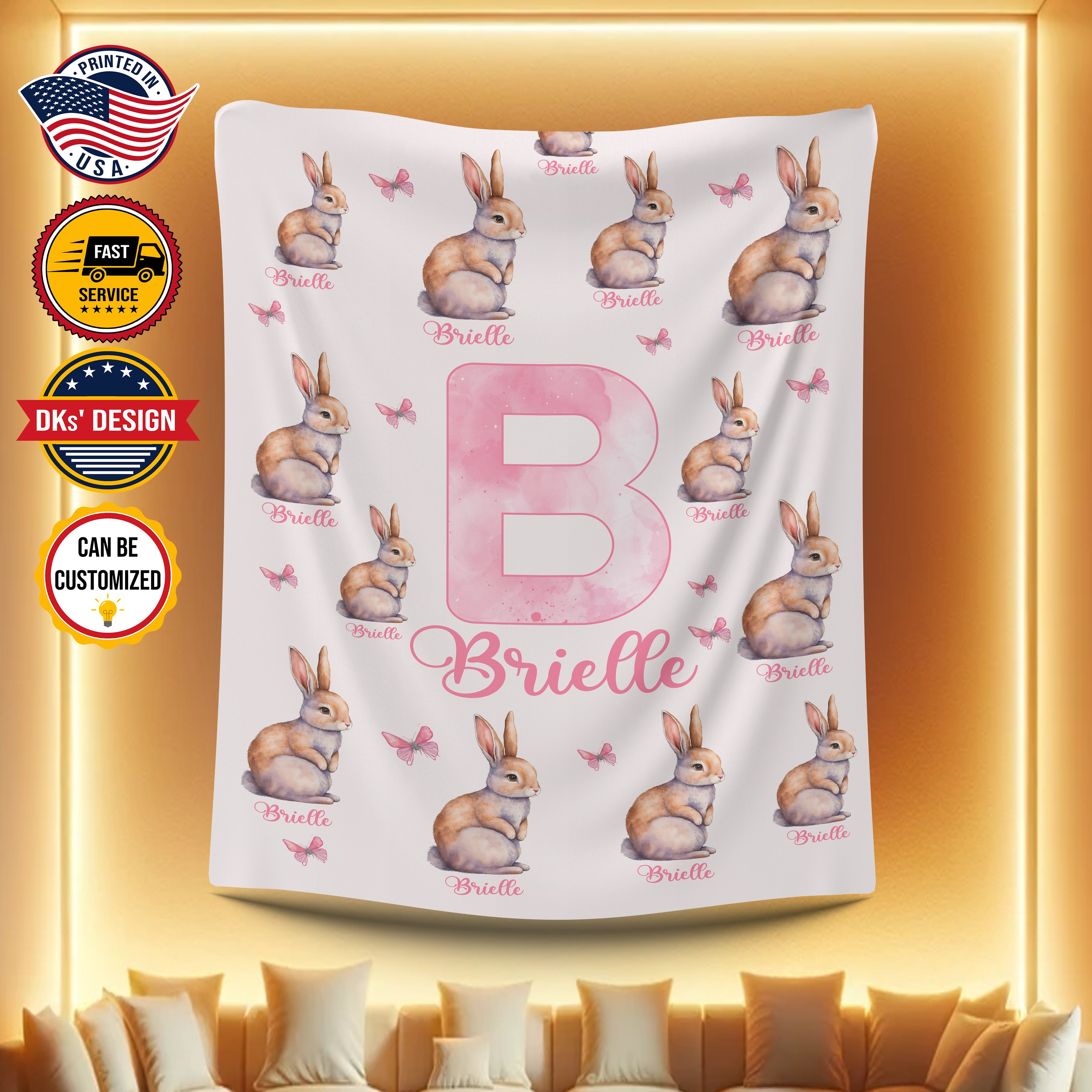 Personalized Baby Blanket, Custom Bunny Butterfly Baby Blanket, Rabbit Baby Blanket, Baby Girl Rabbit Blanket, Baby Shower Gift