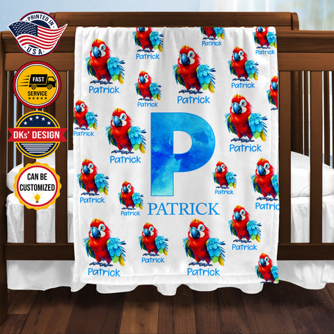 Image of Personalized Parrot Baby Blanket, Custom Name Blanket, Parrot Baby Boy Blanket, Bird Baby Blanket, Baby Animals Blanket, Baby Shower Gift