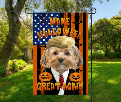Image of USA MADE Personalized Pet Halloween Flag | Custom Double Side Dog Cat - TRUMP -Made Halloween Great Again - Garden, House, Yard Flags