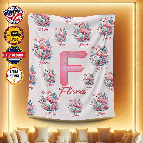 Image of Personalized Flamingo Baby Blanket, Custom Name Blanket,  Floral Flamingo Baby Blanket, Flamingo Girl Blanket, Girl Blanket, Baby Shower Gift