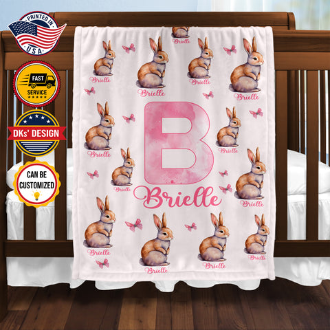 Image of Personalized Baby Blanket, Custom Bunny Butterfly Baby Blanket, Rabbit Baby Blanket, Baby Girl Rabbit Blanket, Baby Shower Gift