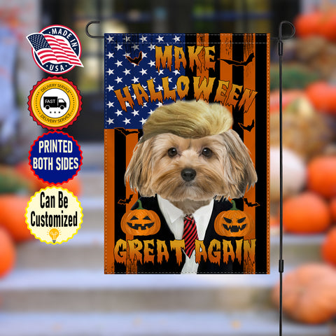 Image of USA MADE Personalized Pet Halloween Flag | Custom Double Side Dog Cat - TRUMP -Made Halloween Great Again - Garden, House, Yard Flags