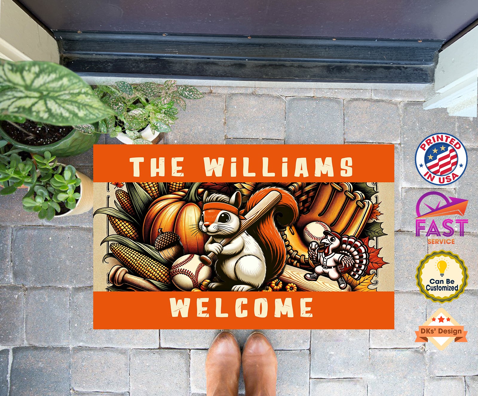 Personalized Name Thanksgiving Doormat, Turkey Squirrel Baseball Lovers Doormat, Floormat, Kitchenmat