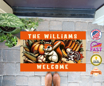 Turkey Squirrel Baseball Lovers Custom Name Doormat | Personalized Doormat, Floormat, Kitchenmat Home Decor