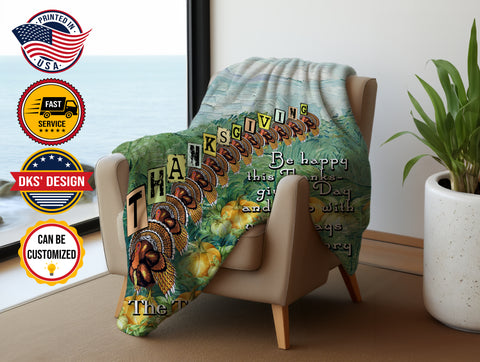 Image of USA Printed Custom Blanket, Thanksgiving Greeting Vintage Blanket, Personalized Blanket, Colorful Thanksgiving Blanket, Custom Name Blanket, Turkey Feast Blanket, Fleece Blanket