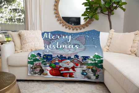 USA Printed Custom Blanket, Merry Christmas Blanket, Cats Santa Print Blanket, Minky Blanket, Sherpa Blanket, Fleece Blanket, Christmas Gift