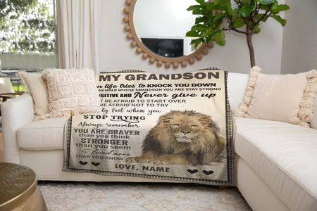 Personalized Lion To My Grandson Blanket, Custom Grandson Blanket, Message Blanket, Birthday Gift Blanket, Gift For Grandson