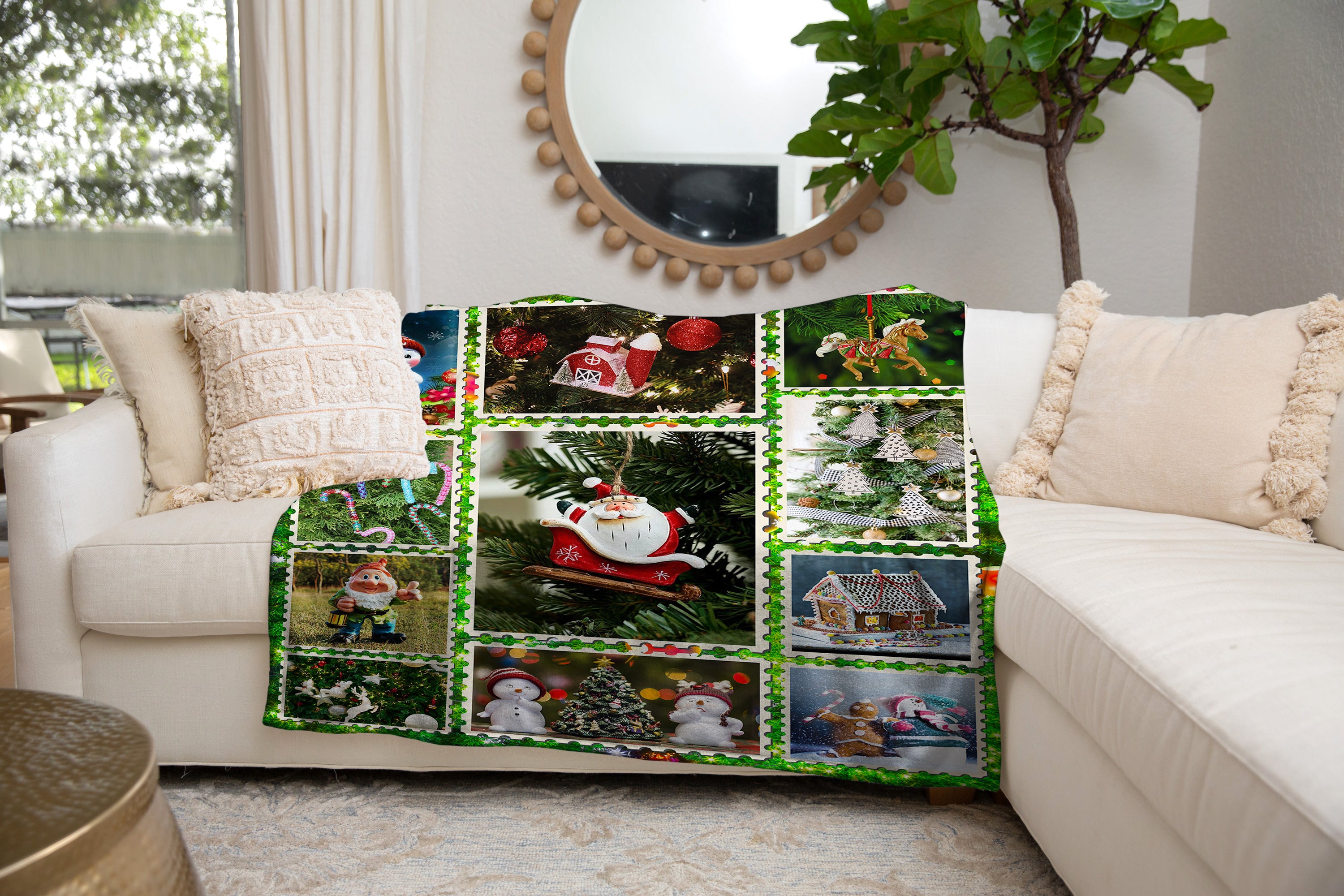 Personalized Christmas Holiday Postage Stamp Blanket, Christmas Blanket, Christmas Santa Snowman Blanket, Christmas Gift