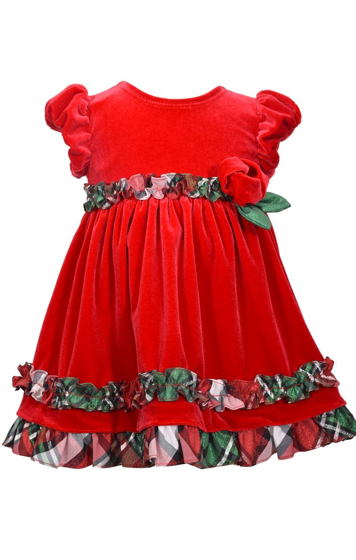 Bonnie Jean Little Girls Christmas Velvet Plaid Trim Dress