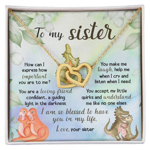 Image of To My Sister Dinosaur Interlocking Hearts Necklace With Message Card Gift for Sister