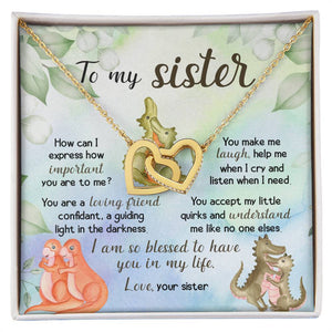 To My Sister Dinosaur Interlocking Hearts Necklace With Message Card Gift for Sister