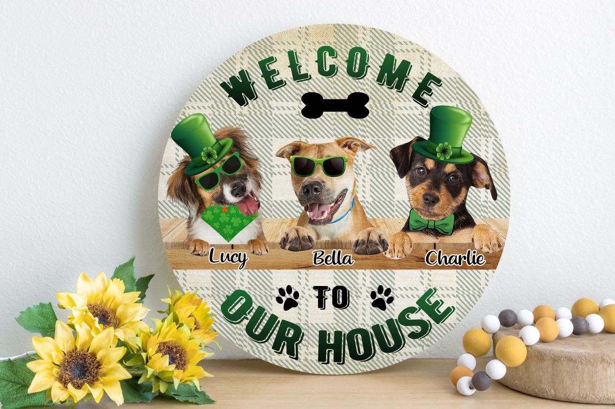 Personalized Pet Photo Door Hanger, "Welcome To Our Home" St. Patrick's Day Dog Cat Round Wooden Sign
