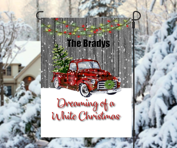 USA MADE Personalized Red Truck Dreaming of a White Christmas Flag | Custom Double Side Xmas Red Car Christmas Lights Garden Flag, House Flag, Yard Flag