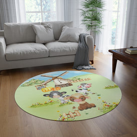 Round Rug 60''x60'' - Round Animal Rug, Cow Rug, Farm House Rug, Nursery Rug, Kids Room Rug, Playroom Rug, Classroom Rug,