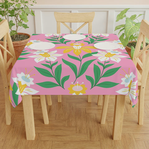 Image of Easter Pink Flower Square Tablecloth 55.1''x55.1''-Polyester--Table Cover for Dining Table, Easter Dinner Party, Holiday Party Table Decor