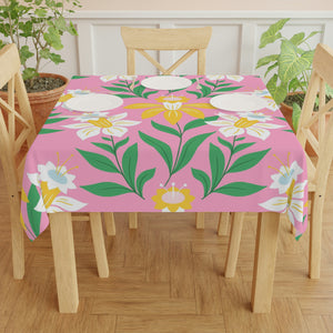 Easter Pink Flower Square Tablecloth 55.1''x55.1''-Polyester--Table Cover for Dining Table, Easter Dinner Party, Holiday Party Table Decor