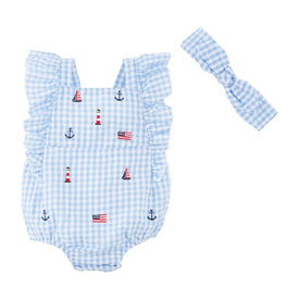 Mud Pie Baby Girls Nautical Schiffli Seersucker Gingham Bubble Romper