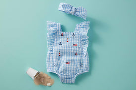 Mud Pie Baby Girls Nautical Schiffli Seersucker Gingham Bubble Romper