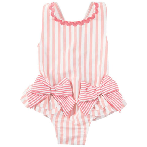 Image of Mud Pie Baby Girl Striped Pink Bow Swimsuit Size 3 Months to 5T