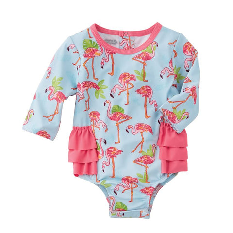 Image of Mud Pie Baby Girl Flamingo One-Piece Rash Guard Size 3 Months to 18 Months